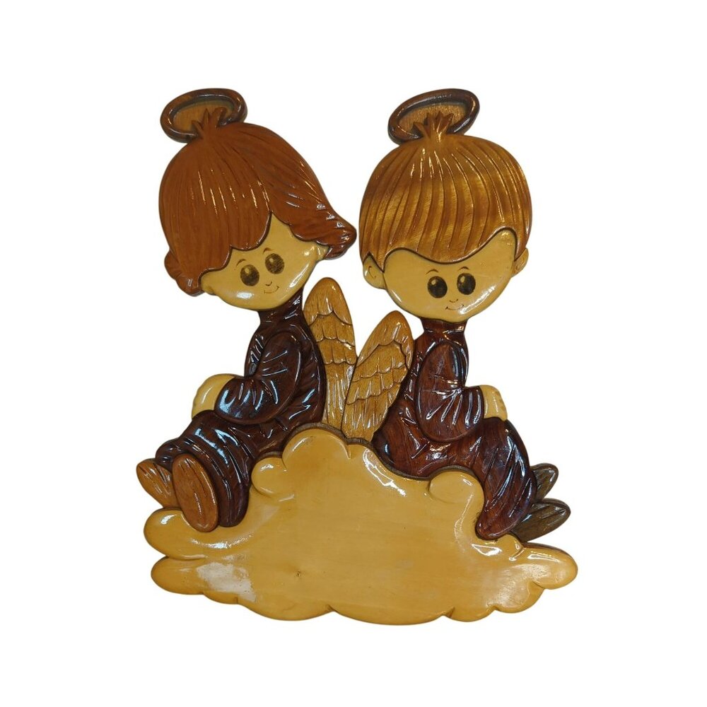 Vintage Intarsia Wood Art Boy Girl Angels On Cloud Wall Hanging Decor